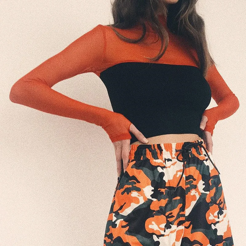 2018 осень и зима новые дамы сексуальная перспектива сетки шить контрастного цвета