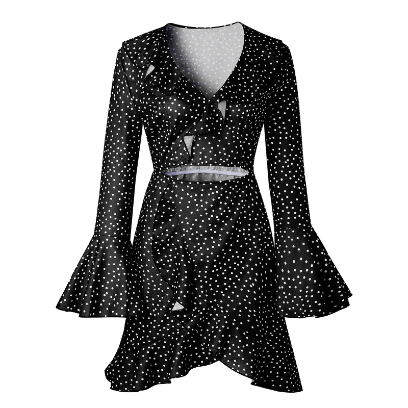 Для женщин пикантные в горошек с оборками милое платье расклешенными рукавами v