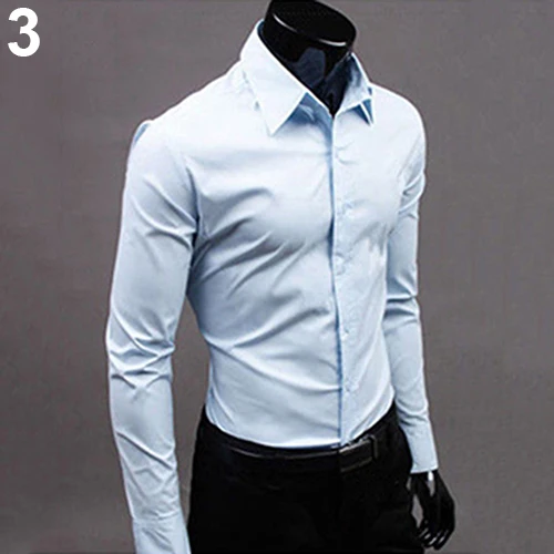 Light Blue Мужская модная повседневная однотонная приталенная Мужская рубашка ярких цветов с длинным рукавом, мужские рубашки из хлопка и полиэстера, рубашки для мальчиков, короткий топ, 15 - Color: Light Blue