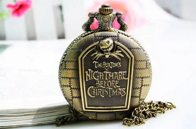 

10 pcs /lot Vintage bronze Nightmare before Christmas pocket watches necklace watches with chain wholesale