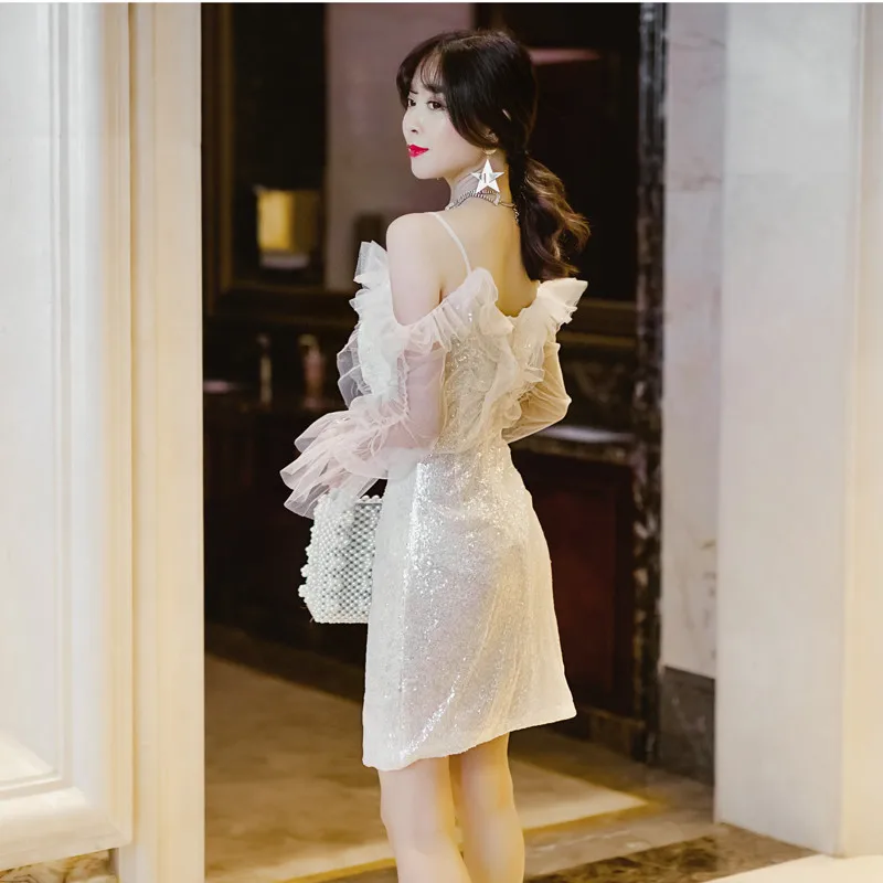 Summer Sexy Deep V Neck Nightclub Dress Blingbling Sequined Fairy Mesh Chic Mini Women Cold Shoulder A Line Party | Женская одежда