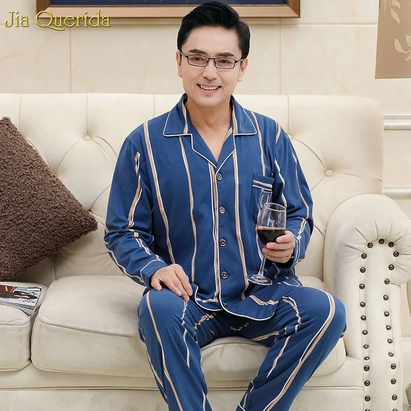Sleep Suit Men Spring Autumn Cotton High Quality Brand Pajama Set Men Long Sleeve Blue Color Stripe Sleepwear Pajama Male