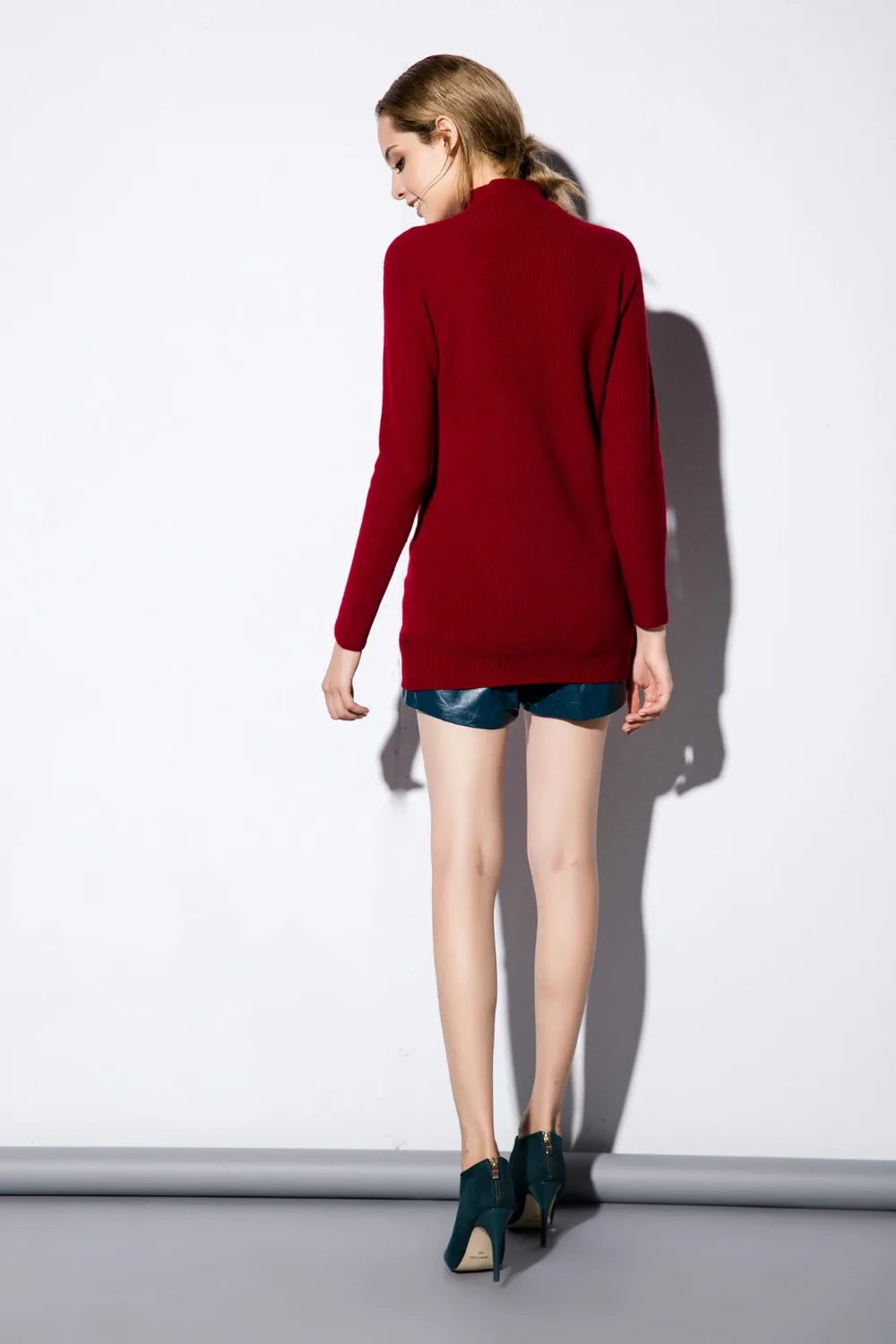 100%merino wool knit women fashion basics pullover sweater mid-long half-high collar claret 4color S/M/L wholesale retail