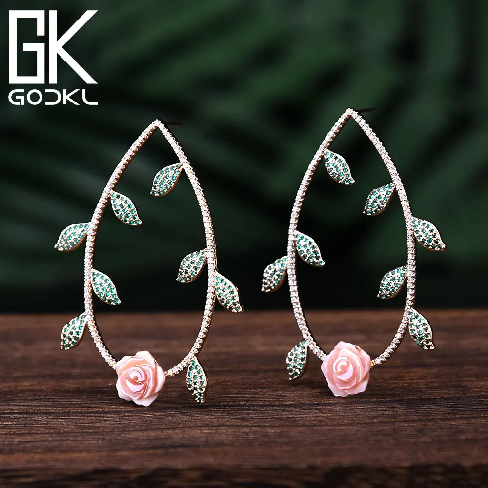 

GODKI Luxury Trendy Flower Leaf Cubic Zirconia Statement Stud Earrings For Women Wedding Crystal CZ Bridal Big Long Earring 2018