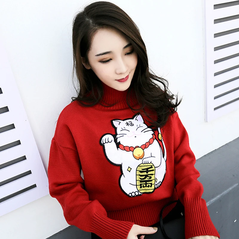 Япония Стиль Lucky Cat аппликации осенне-зимние женские свободные эластичные