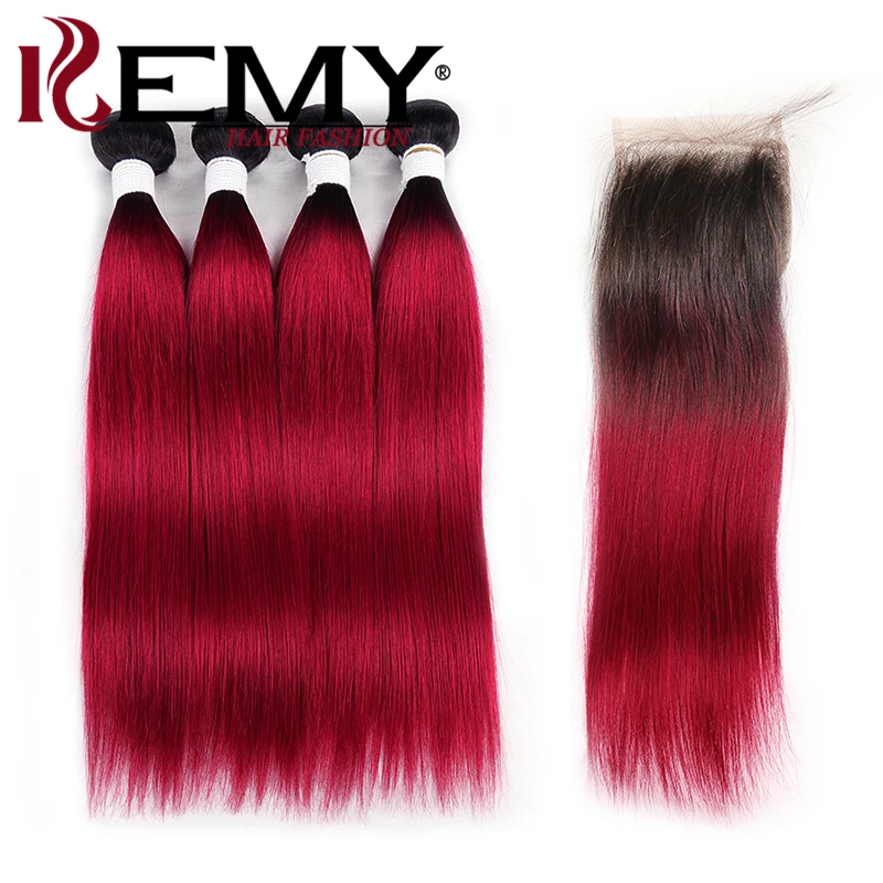 Бразильские прямые человеческие волосы пучки с закрытием kemy Hair 1B/бордовый 4 пучка с закрытием не Реми пучки волос