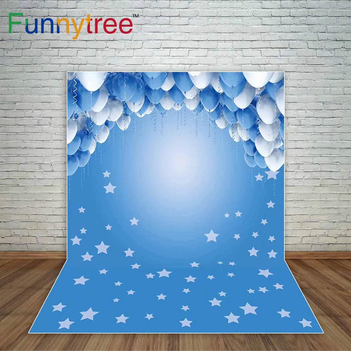 

Funnytree background portrait door blue white balloon little star gradient cool colors wedding celebration studio props backdrop