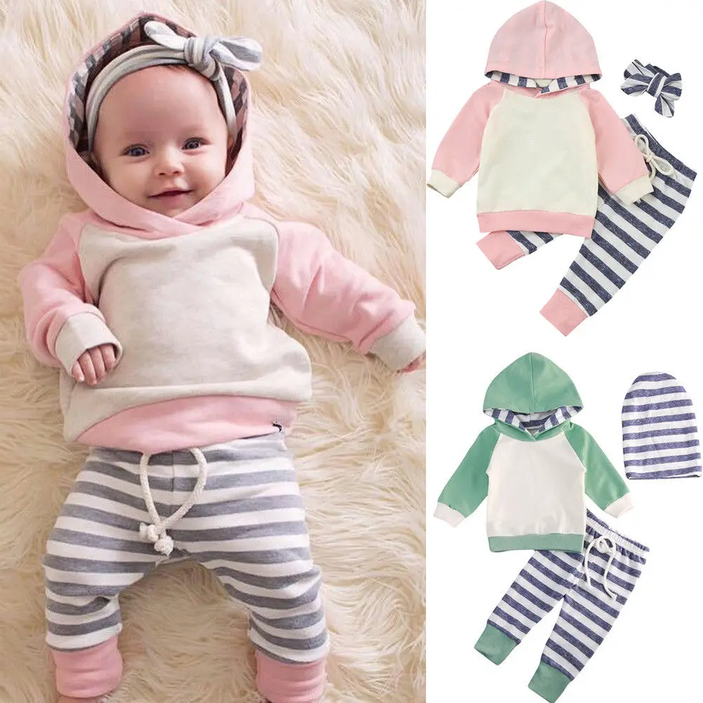 

2018 Fashion Striped Cotton 3PCS Newborn Baby Boy Girl Hooded Sweatshirt Striped Leggings Pants Outfits