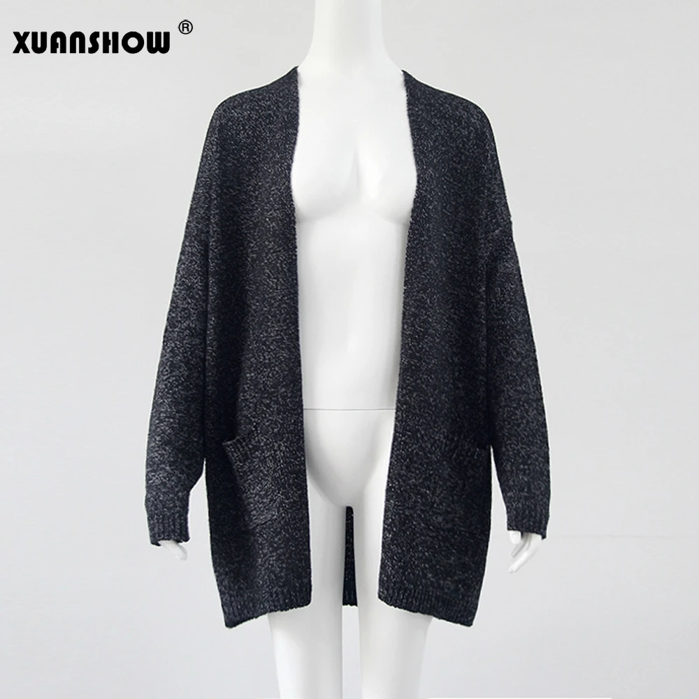 XUANSHOW Sueter Mujer Invierno осенний Однотонный женский длинный кардиган, хлопковый Свободный вязаный свитер с открытой строчкой размера плюс 5XL