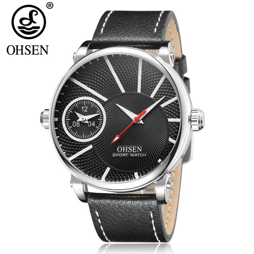 OHSEN Модный повседневный кожаный ремешок мужские кварцевые часы Белые две зоны
