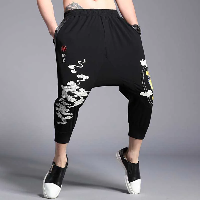 Корейская модная одежда 3/4 длина брюки с принтом дракона Мужские повседневные