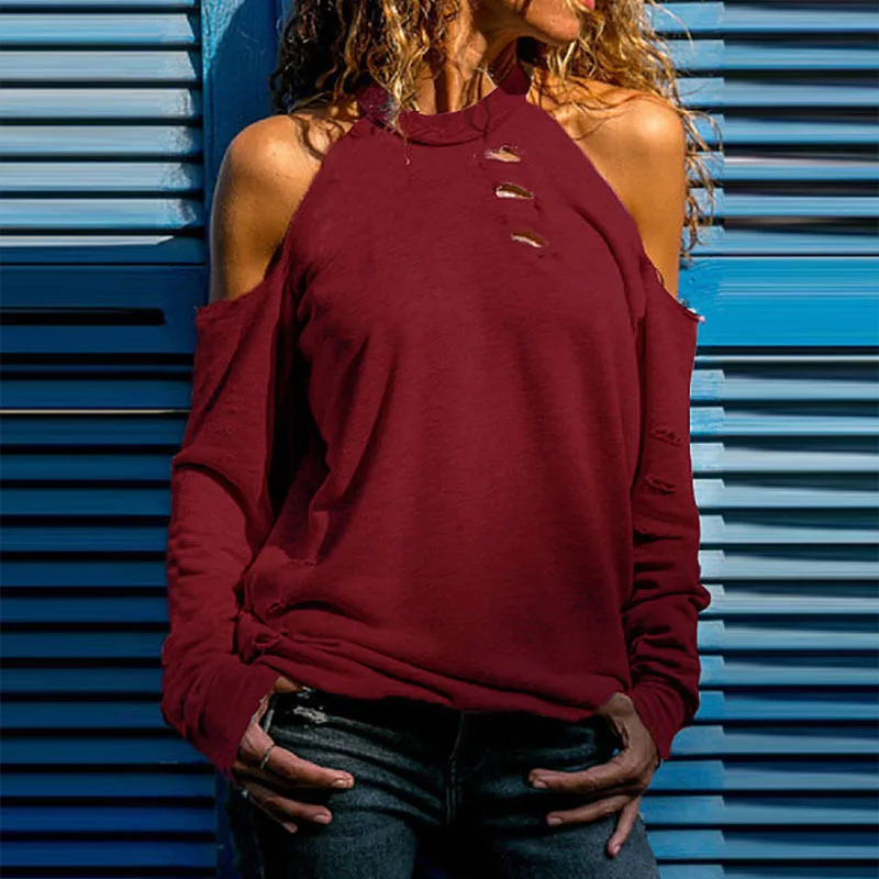 Женские топы с длинными рукавами лямкой на шее открытыми плечами дырками