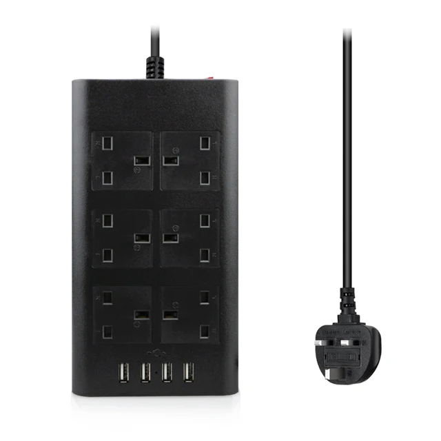 All Black Силовая полоса плоский 6 AC Великобритания розетки розетка с USB зарядное устройство Порт 2500 Вт Защита от перенапряжения выключатель 2 м удлинитель шнур - Цвет: All Black