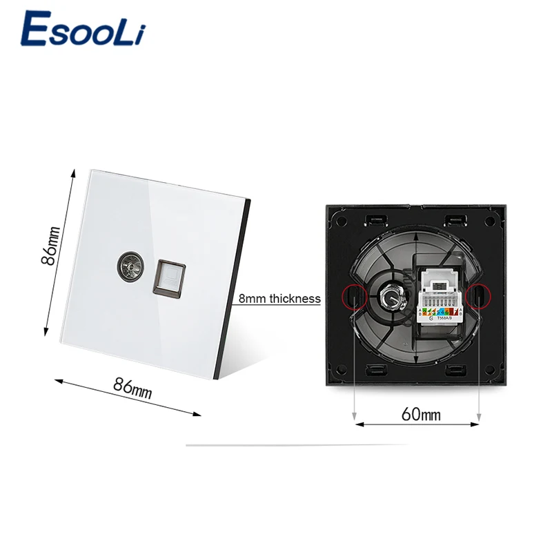 Esooli белая Роскошная панель из закаленного стекла RJ45 Интернет разъем с ТВ