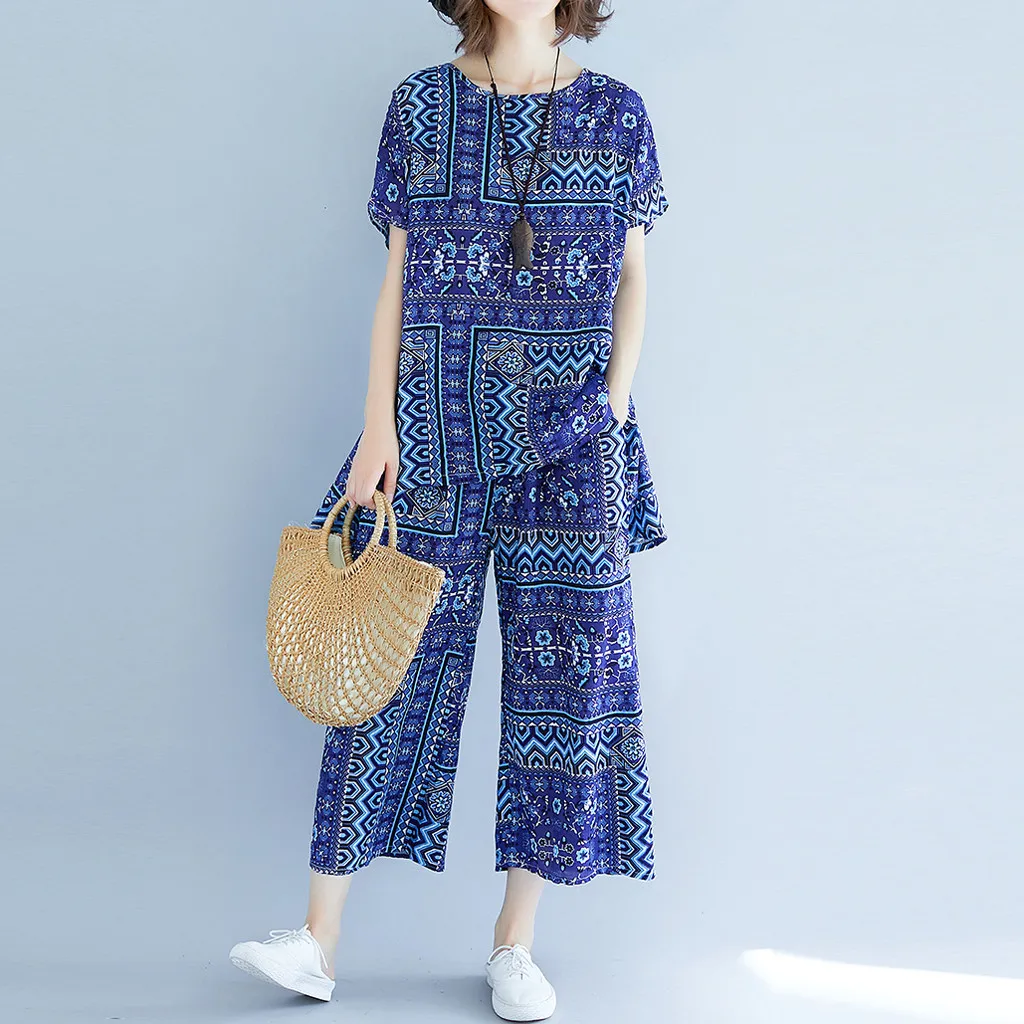 3. Для женщин костюмы принт с О образным вырезом топы короткими рукавами + широкие