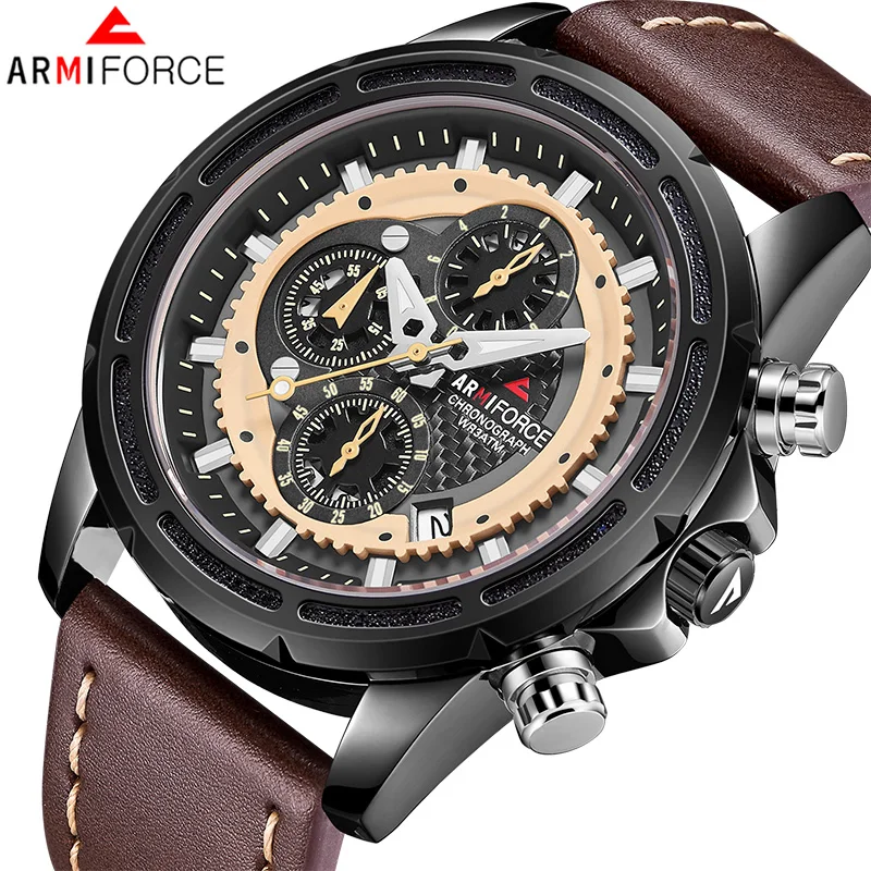 Мужские кварцевые часы ARMIFORCE модные спортивные с кожаным ремешком секундомером и