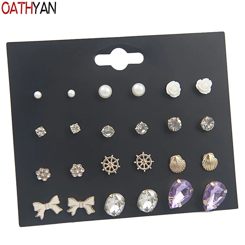 OATHYAN 12 парт/компл. женские классические серьги-гвоздики с фиолетовым кристаллом в