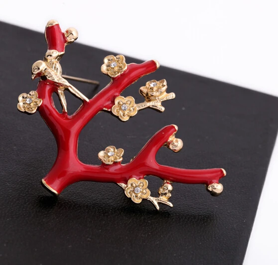 2015 Christmas Promotion Red Enamel Tree leaves flower Brooch Festival Accessory jewelry For women girls vintage brooch | Украшения и