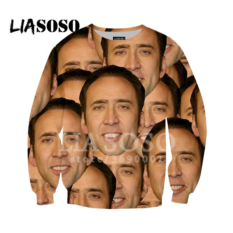 LIASOSO, новинка, толстовка, худи, 3d принт, Николя, клетка, смешное лицо, кинозвезда, для мужчин и женщин, повседневные пуловеры, круглый вырез, длинный рукав, X1394