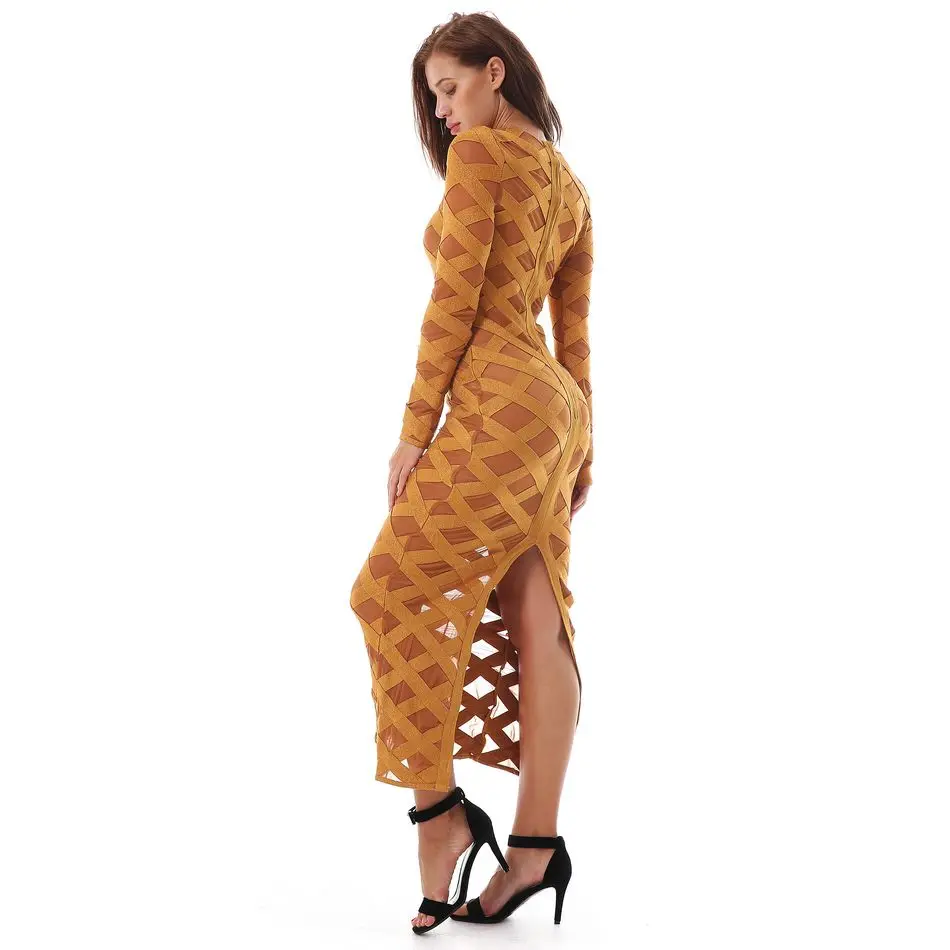 2018 New Women Noble Bandage Dress Fashion Split Back Tail Mid Calf Evening Party Bodycon Elegant Cross Striped Vestido | Женская одежда