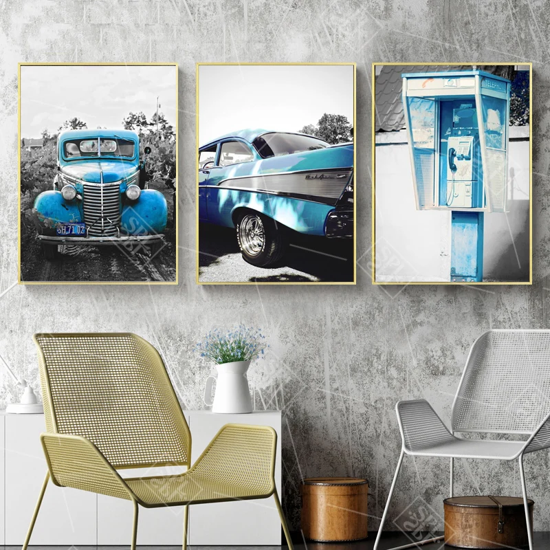 

Nordic Wall Art Poster Vintage Telephone Booth Blue Vehicle Canvas Painting Modern Home Decoration Bedroom Wall Picture Unframed