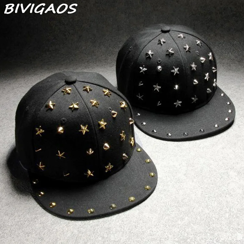 

Free Shipping Euramerican Canada Punk Rock Metal Rivet Stars Hip Hop Cap Baseball Caps Black Snapback Hats Gorras For Men Women