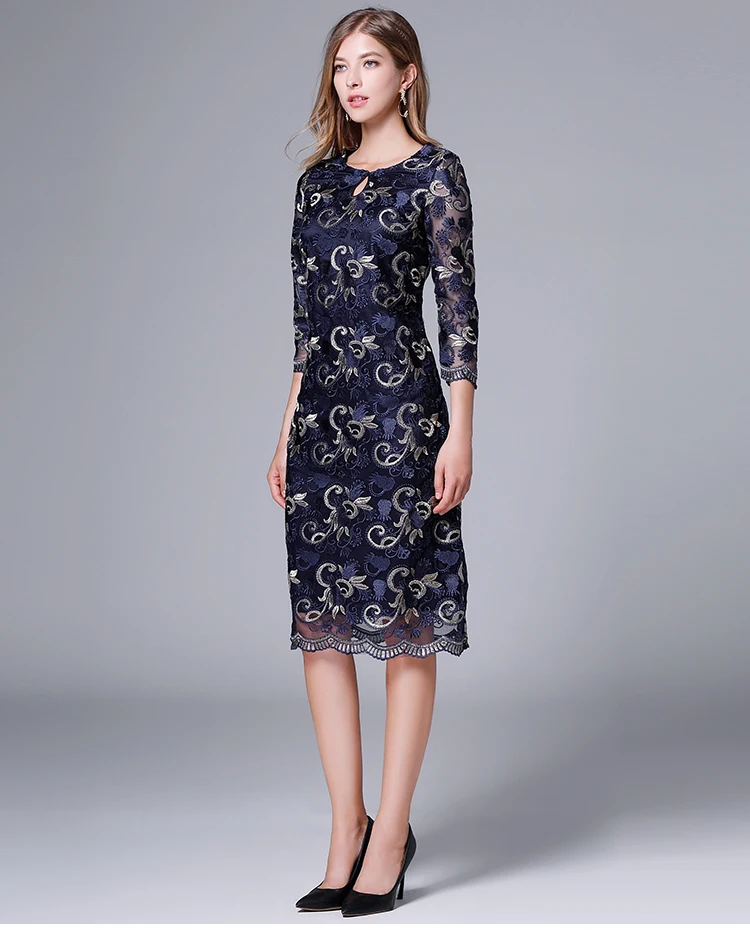 Queechalle плюс размеры кружево платье осень для женщин цветочный вышивка три четверти рукав элегантный платья для вечерние Bodycon Vestidos