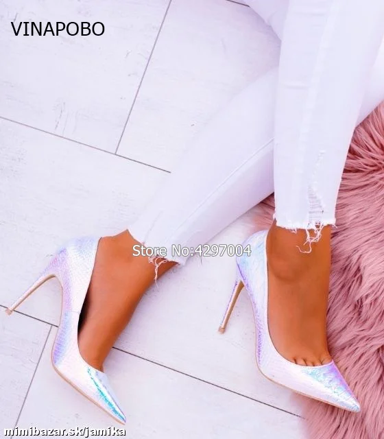 Vinapobo/Новые Модные осенние Серебристые свадебные туфли со змеиным принтом Большие размеры 35-43; пикантные туфли-лодочки на высоком каблуке с острым носком женская обувь