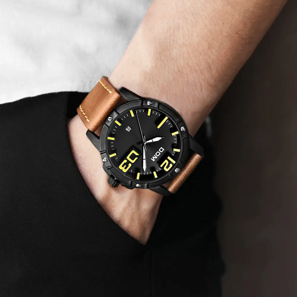 DOM часы для мужчин Винтаж Кожаный ремешок большой циферблат спортивные s Zegarek Meski