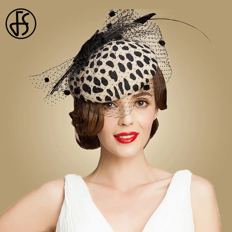 FS-sombrero con velo de leopardo para mujer, pastillero de lana australiana, sombreros de boda con lazo Vintage, 100%