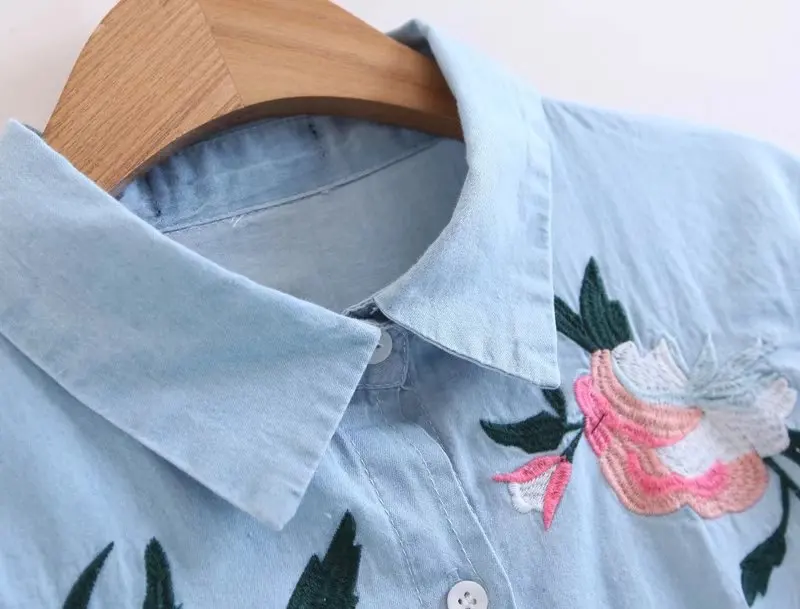 Винтаж цветочный Вышивка синие джинсы блузка рубашка Для женщин 2017 Новая мода