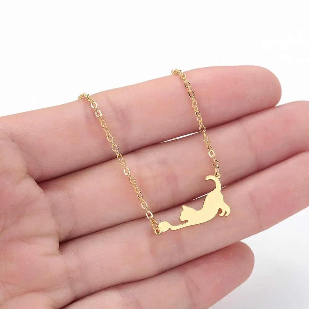 Chandler 316L Steel Cat Necklace Cat Playing Ball Cute Kitten Necklaces Kids Collares Female Simple Jewelry Pet Lovers Gifts
