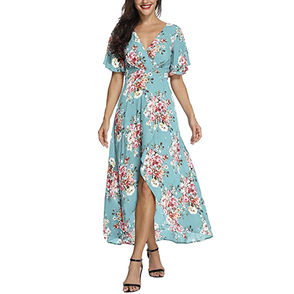 Blue TELOTUNY Ladies Dress Women Summer V Neck Short Sleeve Floral Print Beach Party Wedding Long Dress Women Dress Fashion Hot Jan22 - Цвет: Blue