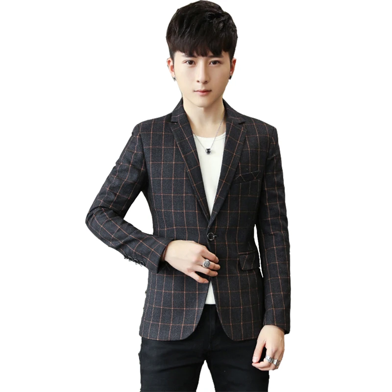 Мужской Клетчатый Блейзер с длинным рукавом на одной кнопке темно синий винно