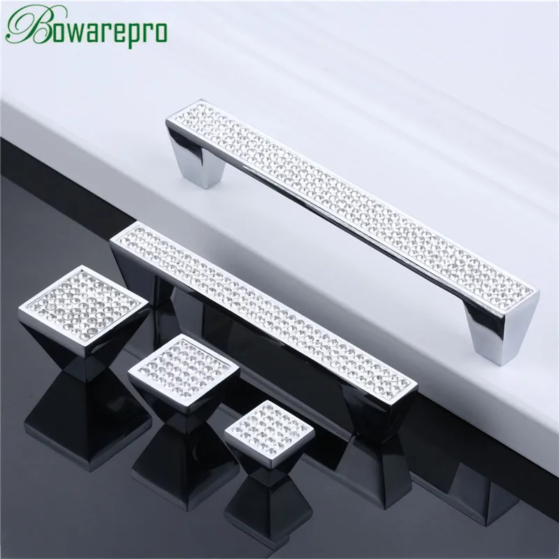 

bowarepro Rhinestone Kitchen Cabinet Wine Cabinet Door Handle Silver Drawer Table Pull Knob Modern Fashion Square Knob 96/128MM