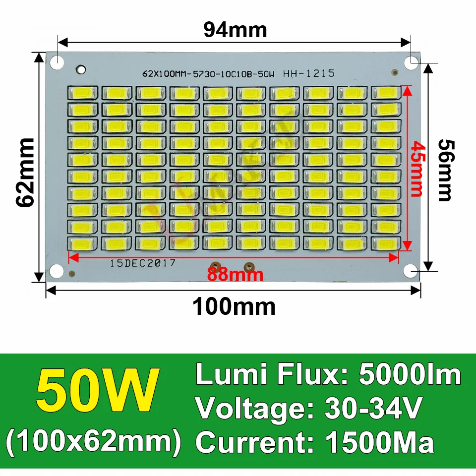50 Вт 5000лм светодиодная печатная плата, 100x62 мм SMD5730 светодиодный прожектор, алюминиевая пластина для прожектора
