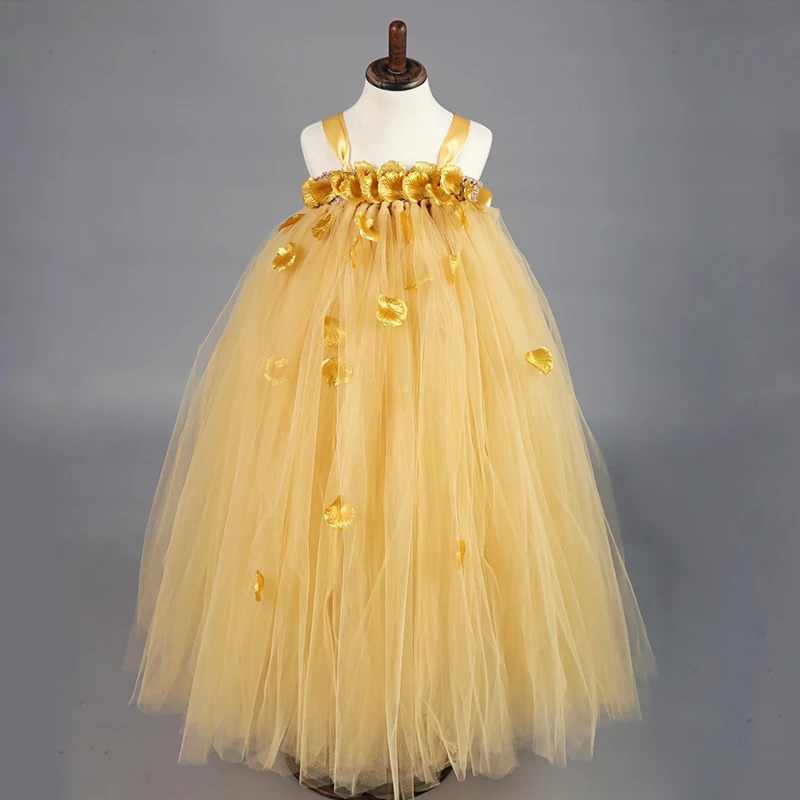 

Girl Tutu Flower Dress For Birthday Party Childrens Day Golden Style With Straps Princess Girls Tulle Ball Gown Dress 1-10Y