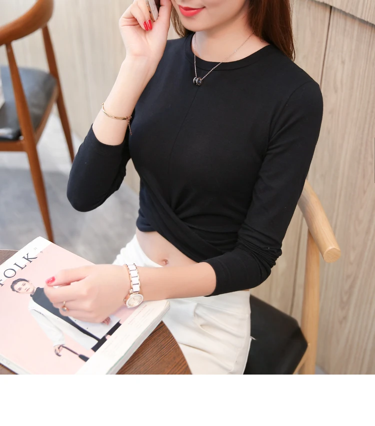 Vetement femme, футболки, Хлопковая женская одежда, футболка, сексуальный короткий топ с длинным рукавом, Повседневная футболка, женские корейские Топы