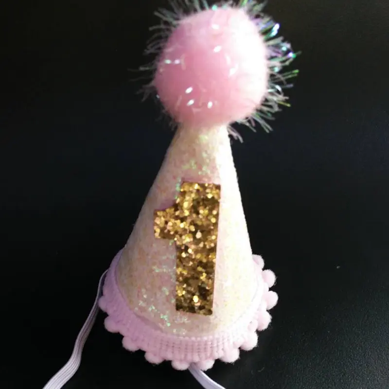 Pink white 1 Girls 1st 2st Glitter Pompon Happy Birthday Hat Baby Shower Party Cake Caps Photo Props Hair Band Children Birthday Tiara Hats - Цвет: Pink white 1