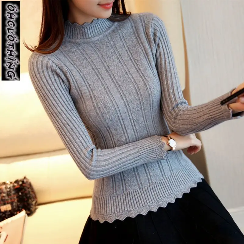 OHCLOTHIN 2021 new Fashion half Korean women knitted sweater slim petal collar shirt Elastic Bottoming Turtleneck Twist Pullover | Женская