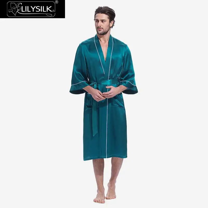 LilySilk халат пижамы кимоно для мужчин чистый шелк Белый отделанный три четверти