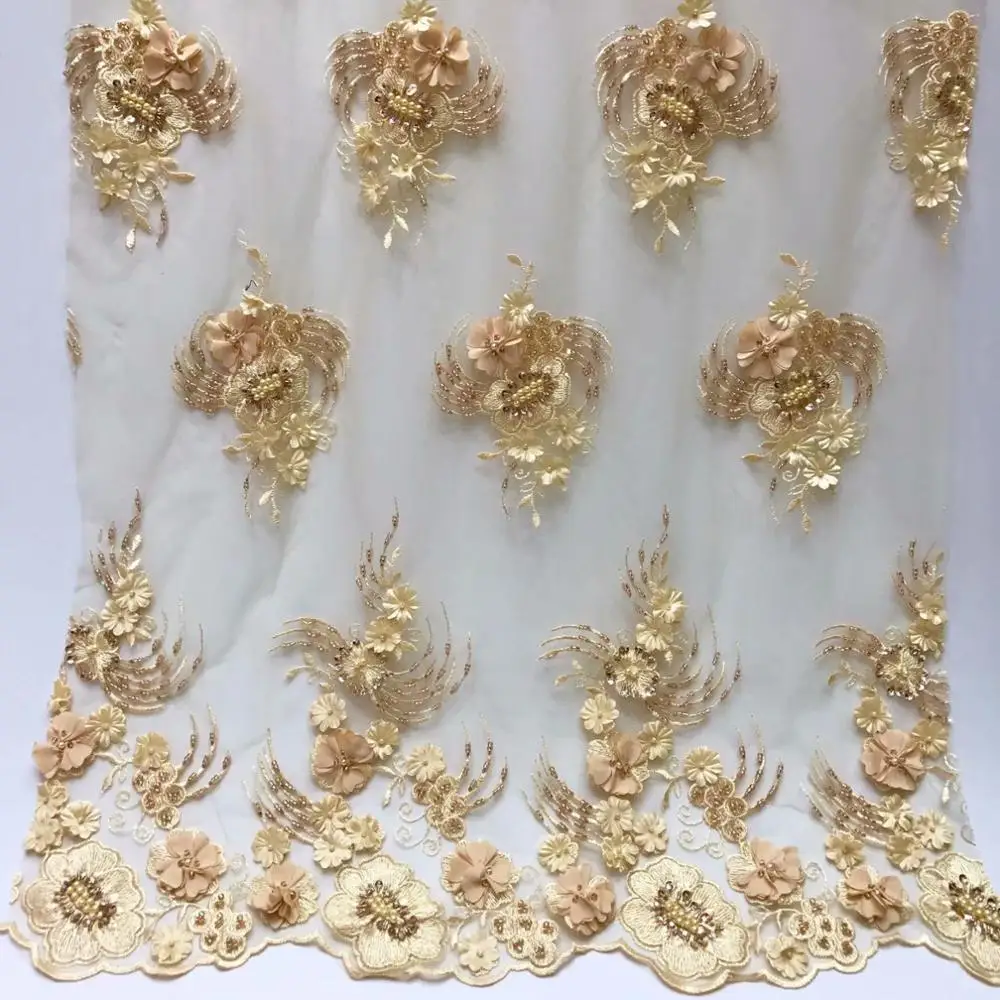 Кружевная ткань ручной работы из французского бисера с объемным цветком и