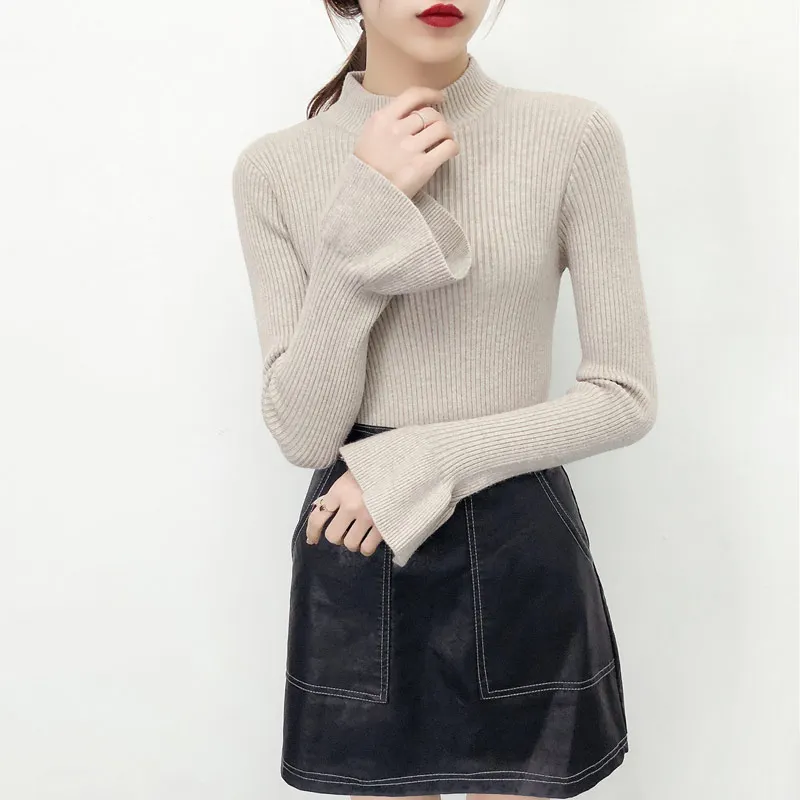 

Autumn Winter High Quality Women Half Turtleneck Knitted Pullover Tops Female Flare Sleeve Slim Cashmere Sweater Hot Sale