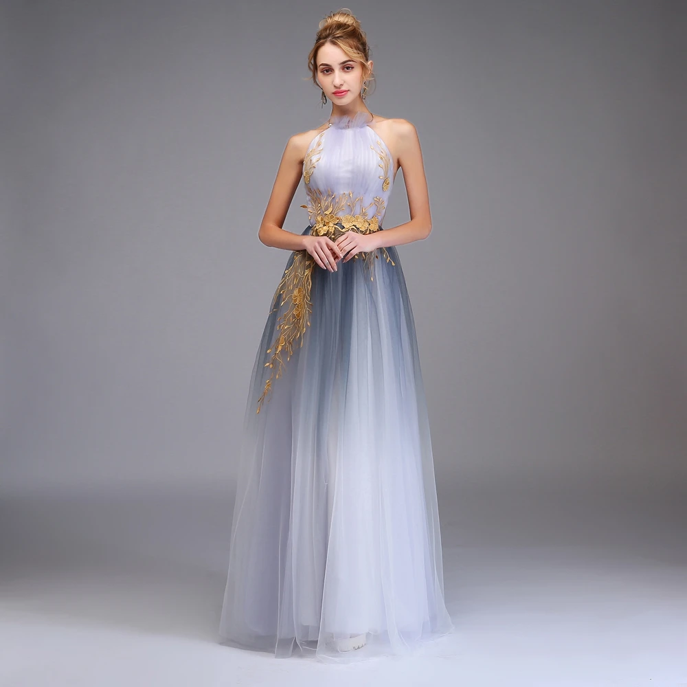 SSYFashion, Новое сексуальное платье для выпускного вечера, с лямкой через шею, с кружевной аппликацией, градиентное, дымчато-серое, с открытой спиной, длинное вечернее платье, Robe De Soiree