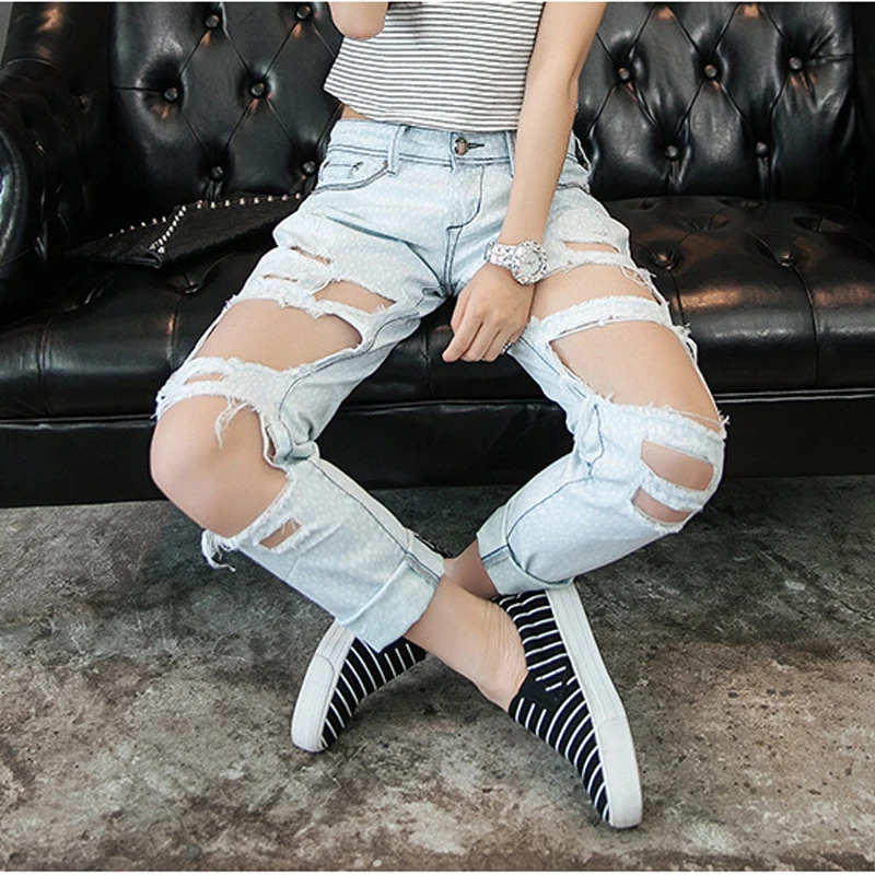 Летний стиль свободные Рваные джинсы для Для женщин Высокая Талия Джинсовые