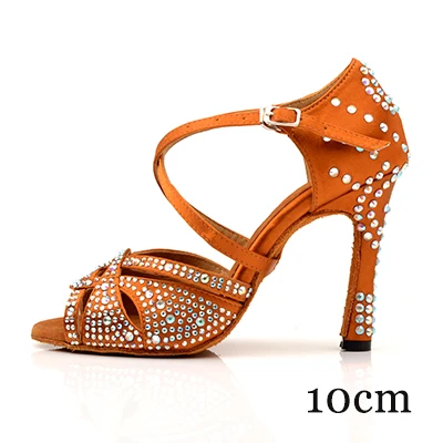 Brown 10cm Обувь для латинских танцев; Новинка; женская обувь из бронзового шелка и сатина; блестящие стразы на высоком каблуке 10 см; обувь для сальсы и бальных танцев - Цвет: Brown 10cm