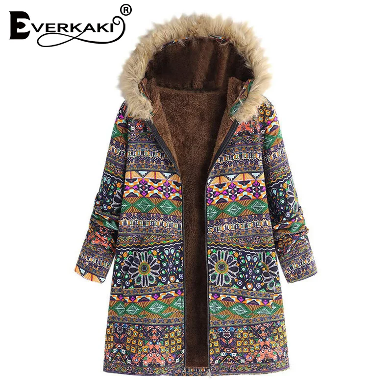 Everkaki Boho бархатные куртки пальто для женщин толстая молния с шапкой теплые плюс