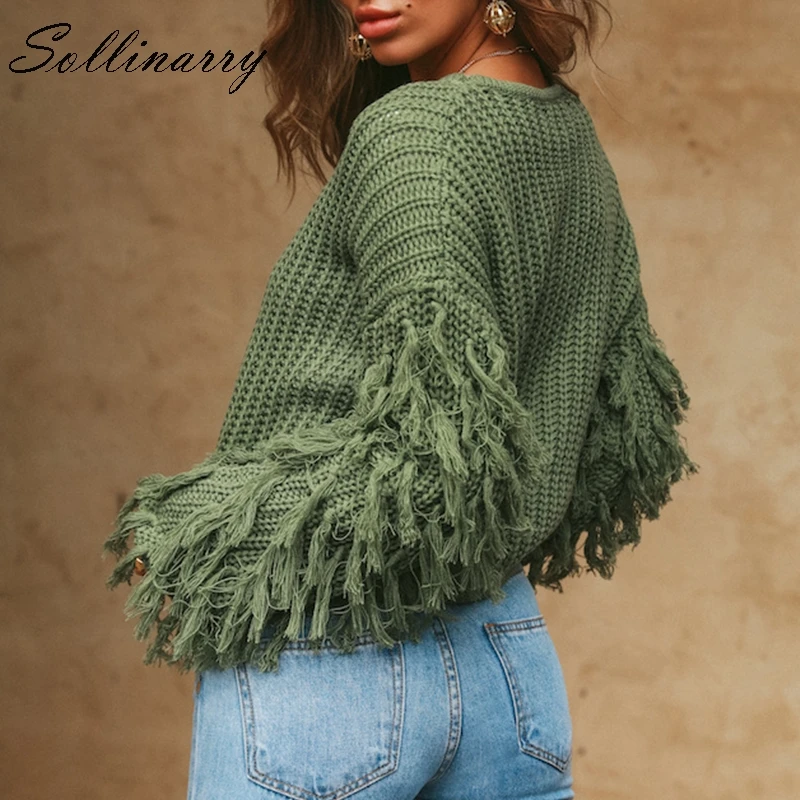 Sollinarry Light Pink Knit Sweater Women Solid Long Sleeve Tassel O Neck Pullover Casual Short Jumper Green | Женская одежда