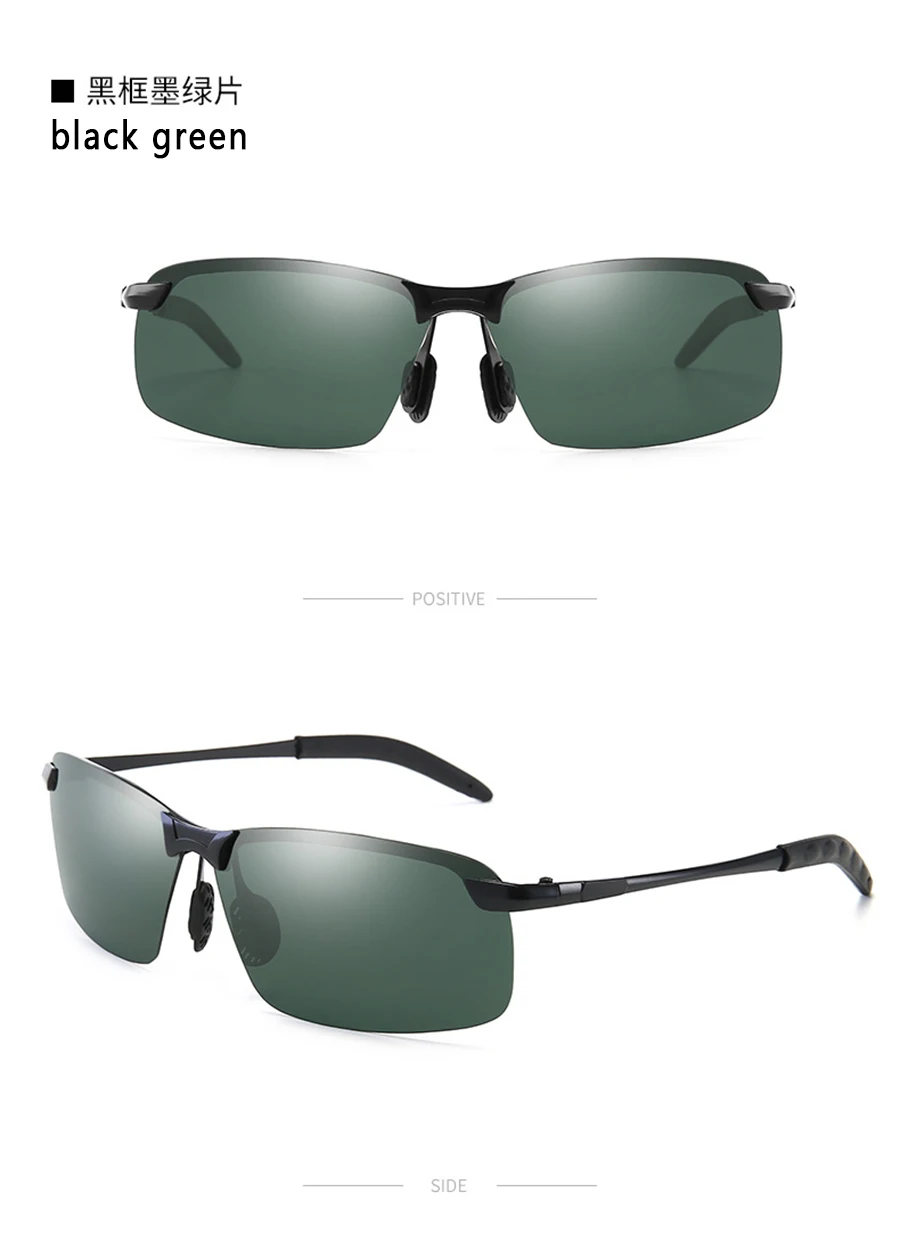 black green Поляризованные солнцезащитные очки для мужчин, для вождения, мужские солнцезащитные очки, для ночного видения, без оправы, UV400, очки, сплав, фотохромные солнцезащитные очки, меняющие цвет - Цвет линз: black green