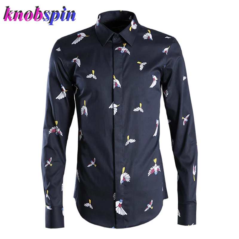 Мужская рубашка с принтом птицы Повседневная приталенная из хлопка длинным